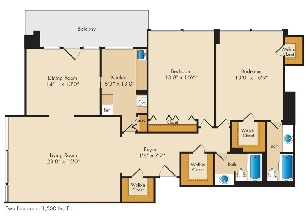 Floor plan for 2 beds, 2 baths, 1500 sqft